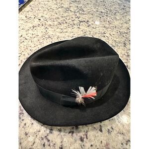 Stetson Black Wool Felt Fedora Hat Size 7 3/8 (59) Feather Band Western Style